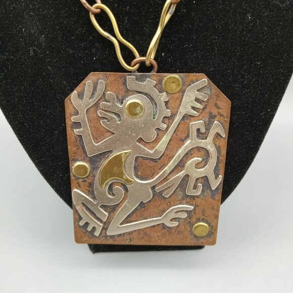 Casa Maya Aztec Tribal Monkey Mexico Brass Copper Necklace Pendant VTG Estate - Picture 2 of 11